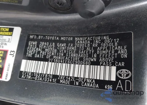 2012 Toyota Corolla Le z USA, uszkodzony, nr VIN 2T1BU4EE6CC900680